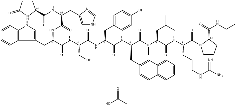 Luteinizing hormone-releasing factor (swine), 6-[3-(2-naphthalenyl)-D-alanine]-7-(N-methyl-L-leucine)-9-(N-ethyl-L-prolinamide)-10-deglycinamide-, monoacetate (salt) (9CI) Structure