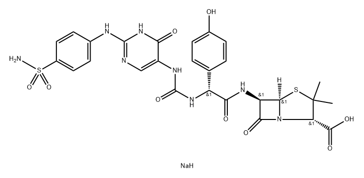 4-Thia-1-azabicyclo[3.2.0]heptane-2-carboxylic acid, 6-[[[[[[2-[[4-(aminosulfonyl)phenyl]amino]-1,4-dihydro-4-oxo-5-pyrimidinyl]amino]carbonyl]amino](4-hydroxyphenyl)acetyl]amino]-3,3-dimethyl-7-oxo-, monosodium salt, [2S-[2alpha,5alpha,6be ,82509-57-7,结构式