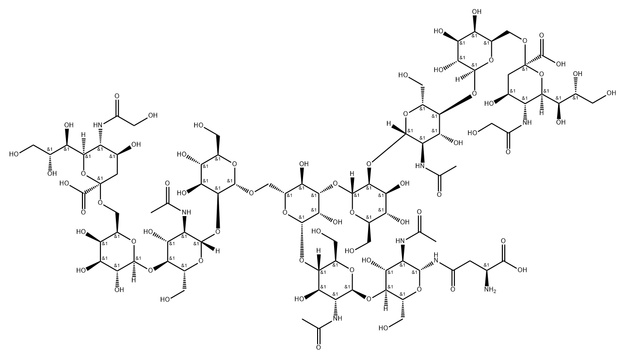 L-Asparagine, N-[O-[N-(hydroxyacetyl)-α-neuraminosyl]-(2→6)-O-β-D-galactopyranosyl-(1→4)-O-2-(acetylamino)-2-deoxy-β-D-glucopyranosyl-(1→2)-O-α-D-mannopyranosyl-(1→3)-O-[O-[N-(hydroxyacetyl)-α-neuraminosyl]-(2→6)-O-β-D-galactopyranosyl-(1→4)-O-2-(acetylamino)-2-deoxy-β-D-glucopyranosyl-(1→2)-α-D-mannopyranosyl-(1→6)]-O-β-D-mannopyranosyl-(1→4)-O-2-(acetylamino)-2-deoxy-β-D-glucopyranosyl-(1→4)-2-(acetylamino)-2-deoxy-β-D-glucopyranosyl]- 化学構造式