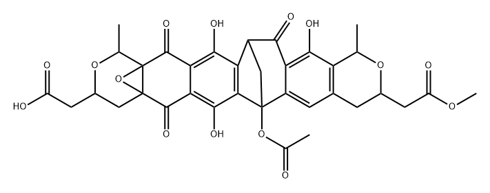 8a,12a-Epoxy-6,15-methano-12H-pyrano[4'',3'':6',7']naphtho[2',3':5,6]cyclohepta[1,2-g]-2-benzopyran-3,10-diacetic acid, 6-(acetyloxy)-1,3,4,6,8,9,10,13,15,16-decahydro-7,14,17-trihydroxy-1,12-dimethyl-8,13,16-trioxo-, α3-methyl ester, (1S,3R,6S,8aR,10R,12S,12aS,15R)- (9CI),83333-54-4,结构式