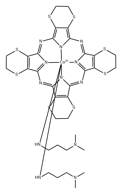 bis(N,N-dimethylpropane-1,3-diamine-N')[2,3,9,10,16,17,23,24-octahydro-29H,31H-tetrakis[1,4]dithiino[2,3-b:2',3'-g:2'',3''-l:2''',3'''-q]porphyrazinato(2-)-N29,N30,N31,N32]cobalt 结构式