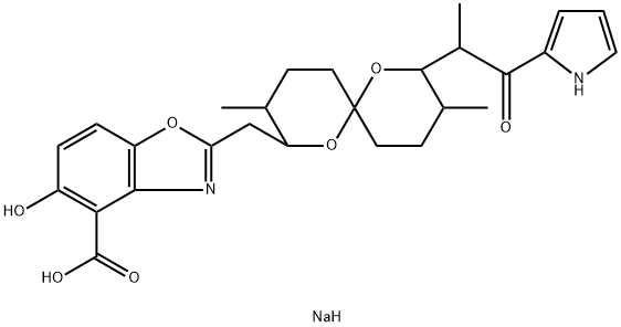 Sodium 2-((3,9-dimethyl-8-(1-oxo-1-(1H-pyrrol-2-yl)propan-2-yl)-1,7-dioxaspiro[5.5]undecan-2-yl)methyl)benzo[d]oxazole-4-carboxylate 化学構造式