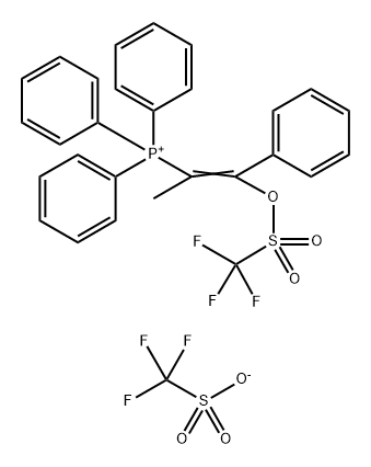 Phosphonium, [1-methyl-2-phenyl-2-[[(trifluoromethyl)sulfonyl]oxy]ethenyl]triphenyl-, 1,1,1-trifluoromethanesulfonate (1:1) Structure