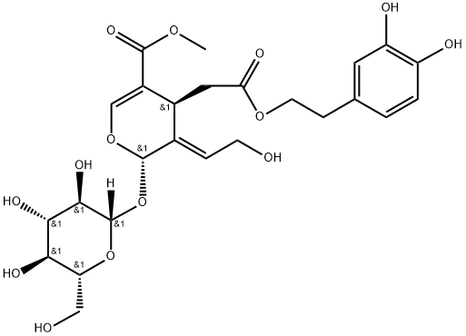 2H-Pyran-4-acetic acid, 2-(β-D-glucopyranosyloxy)-3,4-dihydro-3-(2-hydroxyethylidene)-5-(methoxycarbonyl)-, 2-(3,4-dihydroxyphenyl)ethyl ester, (2S,3E,4S)- 化学構造式