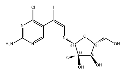 7H-Pyrrolo[2,3-d]pyrimidin-2-amine, 4-chloro-5-iodo-7-(2-C-methyl-beta-D-ribofuranosyl)- Structure