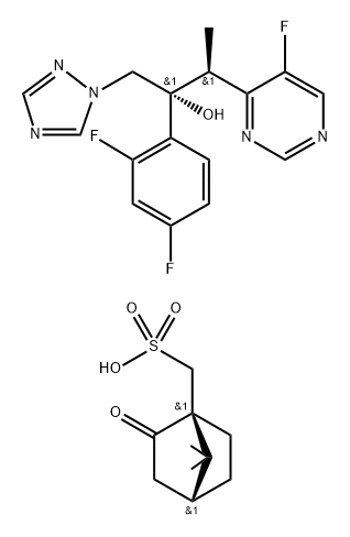 Bicyclo[2.2.1]heptane-1-methanesulfonic acid, 7,7-dimethyl-2-oxo-, (1S,4R)-, compd. with (αR,βS)-α-(2,4-difluorophenyl)-5-fluoro-β-methyl-α-(1H-1,2,4-triazol-1-ylmethyl)-4-pyrimidineethanol (1:1) 化学構造式