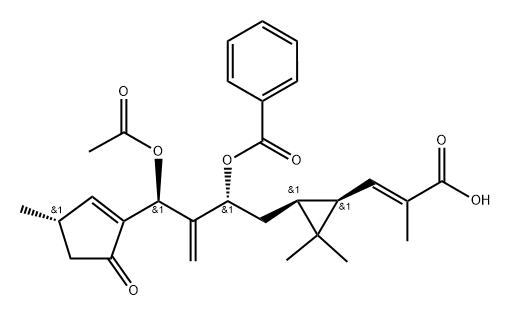 2-Propenoic acid, 3-[(1R,3S)-3-[(2R)-3-[(S)-(acetyloxy)[(3S)-3-methyl-5-oxo-1-cyclopenten-1-yl]methyl]-2-(benzoyloxy)-3-buten-1-yl]-2,2-dimethylcyclopropyl]-2-methyl-, (2E)-rel-(-)- Structure
