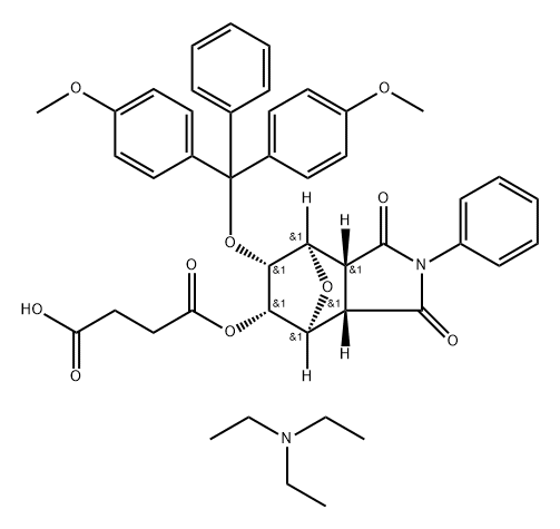 Butanedioic acid, 1-[(3aR,4R,5R,6S,7S,7aS)-6-[bis(4-methoxyphenyl)phenylmethoxy]octahydro-1,3-dioxo-2-phenyl-4,7-epoxy-1H-isoindol-5-yl] ester, rel-, compd. with N,N-diethylethanamine (1:1) Struktur