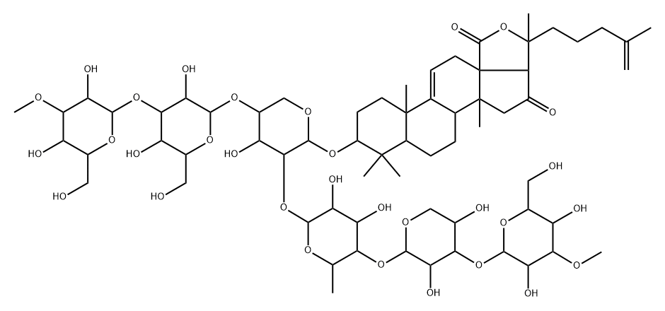 Lanosta-9(11),25-dien-18-oic acid, 20-hydroxy-3-[(O-3-O-methyl-β-D-glucopyranosyl-(1→3)-O-β-D-glucopyranosyl-(1→4)-O-[O-3-O-methyl-β-D-glucopyranosyl-(1→3)-O-β-D-xylopyranosyl-(1→4)-6-deoxy-β-D-glucopyranosyl-(1→2)]-β-D-xylopyranosyl)oxy]-16-oxo-, γ-lactone, (3β)- Structure