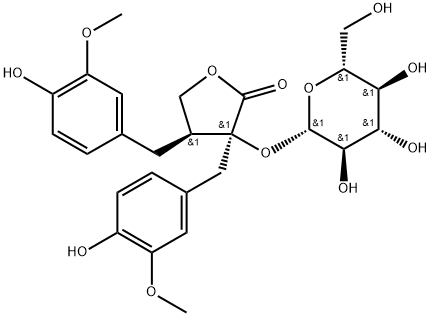 (3S,4S)-3-(β-D-Glucopyranosyloxy)dihydro-3,4-bis[(4-hydroxy-3-methoxyphenyl)methyl]-2(3H)-furanone 化学構造式