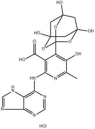 3-Pyridinecarboxylic acid, 5-hydroxy-6-methyl-2-(9H-purin-6-ylamino)-4-(1,5,7-trihydroxy-2,4,10-trioxatricyclo[3.3.1.13,7]dec-3-yl)-, hydrochloride (1:1) 化学構造式