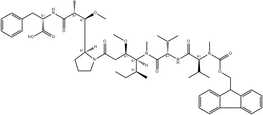 L-Phenylalanine, N-[(9H-fluoren-9-ylmethoxy)carbonyl]-N-methyl-L-valyl-L-valyl-(3R,4S,5S)-3-methoxy-5-methyl-4-(methylamino)heptanoyl-(αR,βR,2S)-β-methoxy-α-methyl-2-pyrrolidinepropanoyl- (9CI) Struktur
