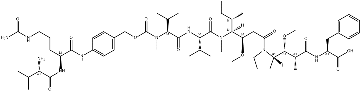 L-Phenylalanine, N-methyl-N-[[[4-[[L-valyl-N5-(aminocarbonyl)-L-ornithyl]amino]phenyl]methoxy]carbonyl]-L-valyl-L-valyl-(3R,4S,5S)-3-methoxy-5-methyl-4-(methylamino)heptanoyl-(αR,βR,2S)-β-methoxy-α-methyl-2-pyrrolidinepropanoyl- Struktur