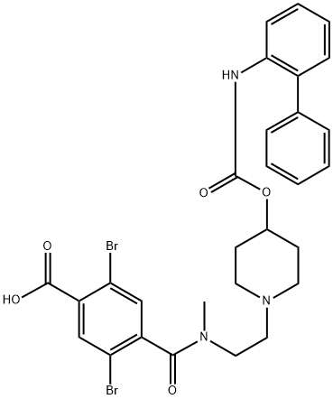 Benzoic acid, 4-[[[2-[4-[[([1,1'-biphenyl]-2-ylamino)carbonyl]oxy]-1-piperidinyl]ethyl]methylamino]carbonyl]-2,5-dibromo- 化学構造式