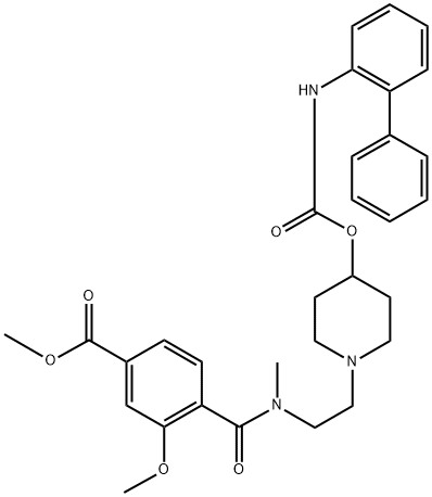 Benzoic acid, 4-[[[2-[4-[[([1,1'-biphenyl]-2-ylamino)carbonyl]oxy]-1-piperidinyl]ethyl]methylamino]carbonyl]-3-methoxy-, methyl ester Structure