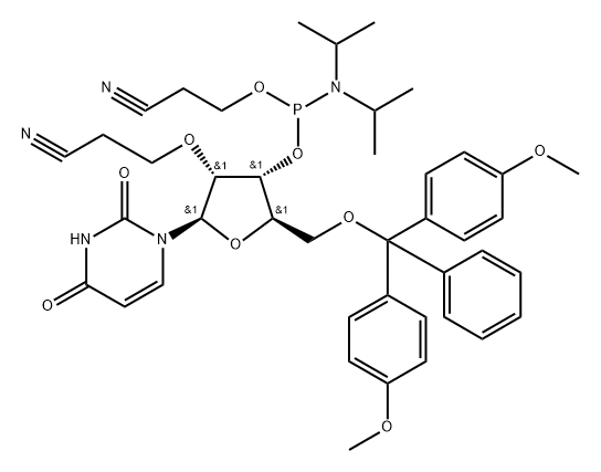 3-{[(2R,3R,4R,5R)-5-[(双(4-甲氧基苯基)(苯基)甲氧基)甲基]-4-{[(双(丙-2-基)氨基)(2-氰基乙氧基)膦基]氧基}-2-(2,4-二氧代-1,2,3,4-四氢嘧啶-1-基)氧杂环戊烷-3-基]氧基}丙腈, 864837-15-0, 结构式