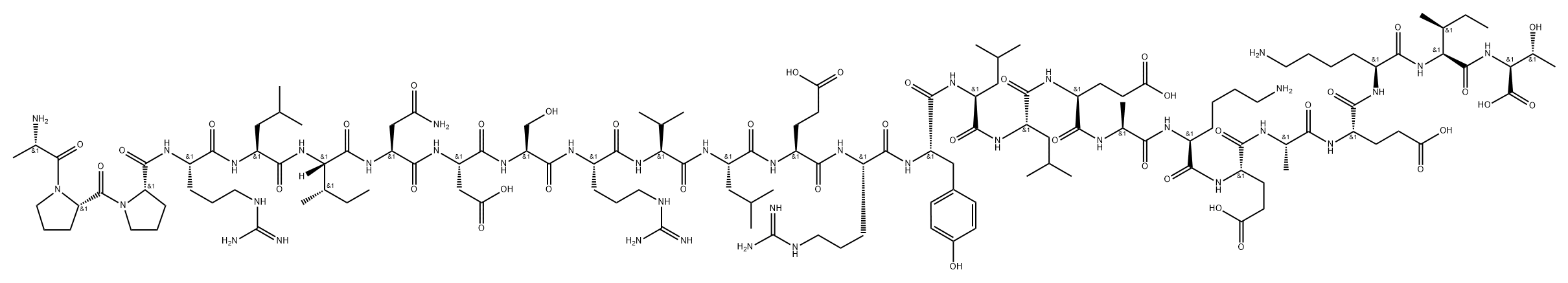 L-丙氨酰-L-脯氨酰-L-脯氨酰-L-精氨酰-L-亮氨酰-L-异亮氨酰-L-天冬氨酰胺酰-L-ALPHA-天冬氨酰-L-丝氨酰-L-精氨酰-L-缬氨酰-L-亮氨酰-L-ALPHA-谷氨酰-L-精氨酰-L-酪氨酰-L-亮氨酰-L-亮氨酰-L-ALPHA-谷氨酰-L-丙氨酰-L-赖氨酰-L-ALPHA-谷氨酰-L-丙氨酰-L-ALPHA-谷氨酰-L-赖氨酰-L-异亮氨酰-L-苏氨酸, 86492-41-3, 结构式