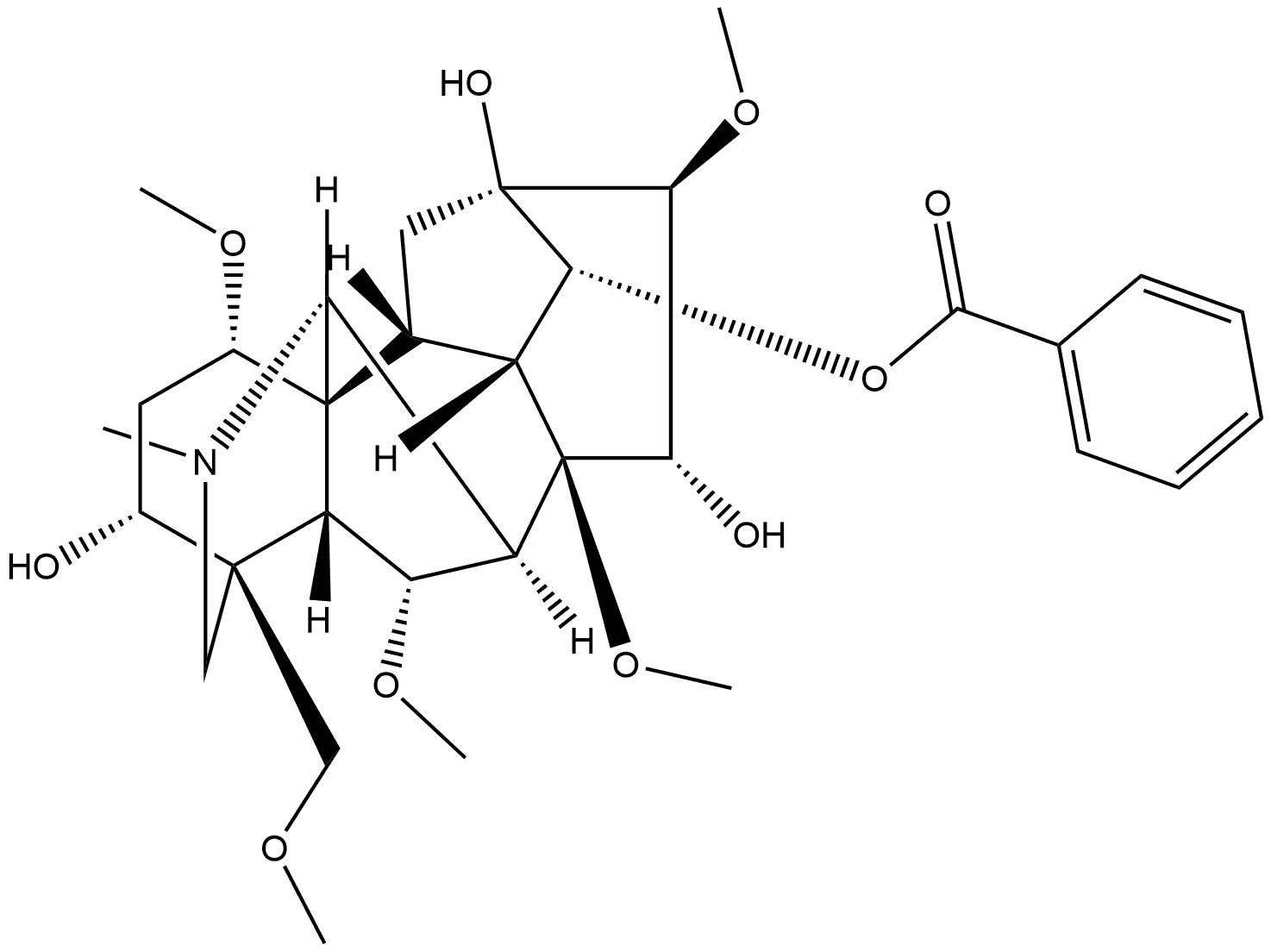Aconitane-3,13,14,15-tetrol, 1,6,8,16-tetramethoxy-4-(methoxymethyl)-20-methyl-, 14-benzoate, (1α,3α,6α,14α,15α,16β)- 结构式