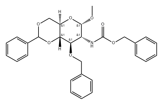 Methyl2-deoxy-2-[[(phenylmethoxy)carbonyl]amino]-3-O-(phenylmethyl)-4,6-O-(phenylmethylene)-α-D-glucopyranoside 结构式