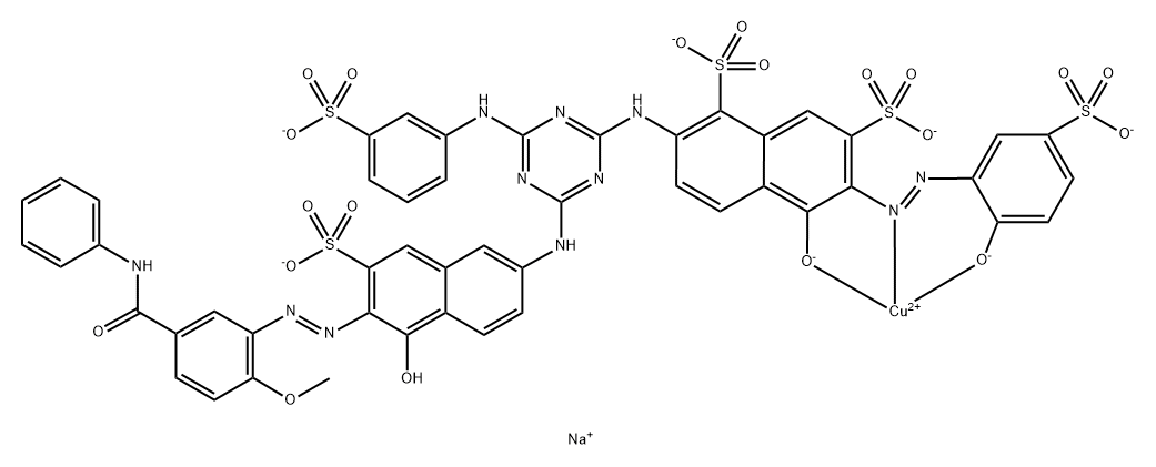 5-ヒドロキシ-6-（2-ヒドロキシ-5-スルホフェニルアゾ）-2-｛4-｛5-ヒドロキシ-6-［2-メトキシ-5-（N-フェニルカルバモイル）フェニルアゾ］-7-スルホ-2-ナフチルアミノ｝-6-（3-スルホアニリノ）-1，3，5-トリアジン-2-イルアミノ｝-1，7-ナフタレンジスルホン酸の1：1型銅（II）錯塩の五ナトリウム塩 化学構造式