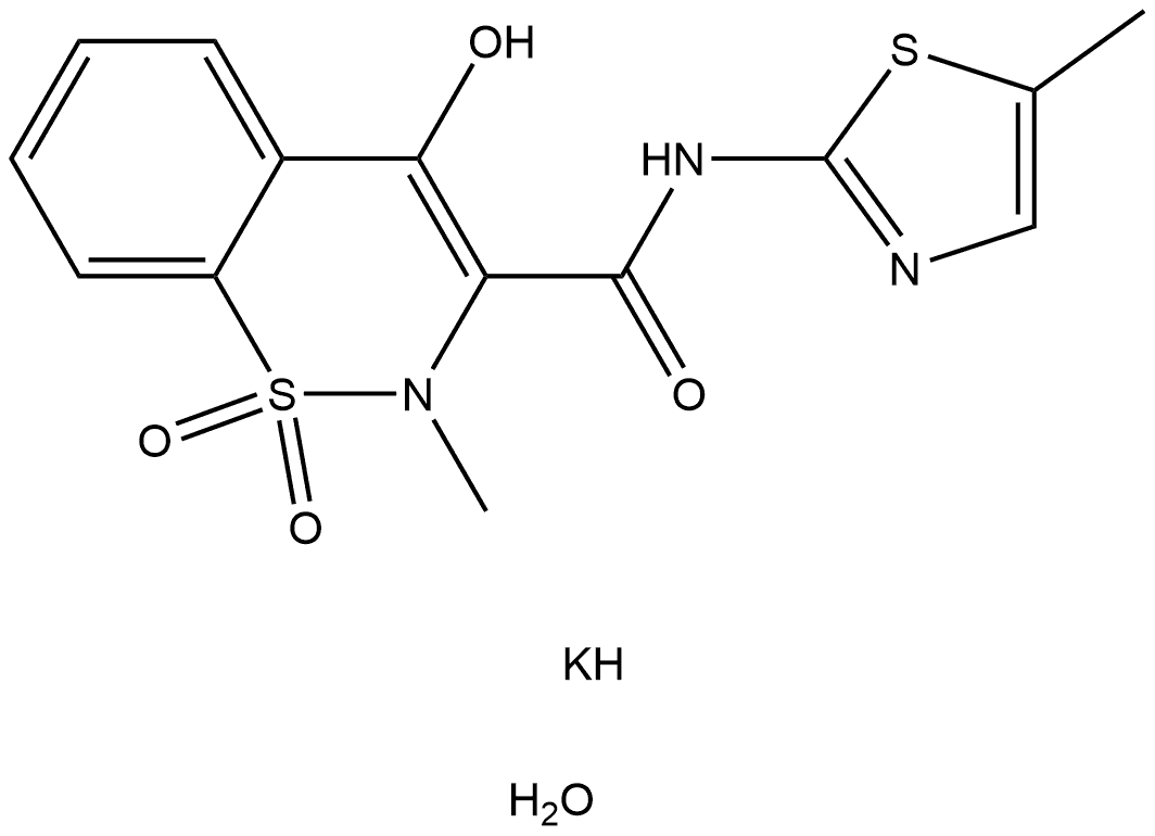 2H-1,2-Benzothiazine-3-carboxamide, 4-hydroxy-2-methyl-N-(5-methyl-2-thiazolyl)-, 1,1-dioxide, potassium salt, hydrate (1:1:1) Structure