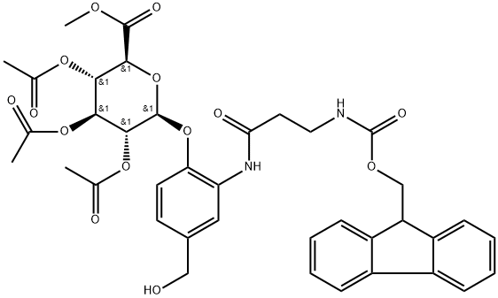 β-D-Glucopyranosiduronic acid, 2-[[3-[[(9H-fluoren-9-ylmethoxy)carbonyl]amino]-1-oxopropyl]amino]-4-(hydroxymethyl)phenyl, methyl ester, 2,3,4-triacetate Struktur