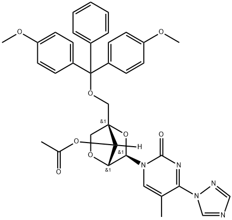 2(1H)?-?Pyrimidinone, 1-?[3-?O-?acetyl-?2,?5-?anhydro-?4-?C-?[[bis(4-?methoxyphenyl)?phenylmethoxy]?methyl]?-?α-?L-?lyxofuranosyl]?-?5-?methyl-?4-?(1H-?1,?2,?4-?triazol-?1-?yl)?- (9CI) Structure