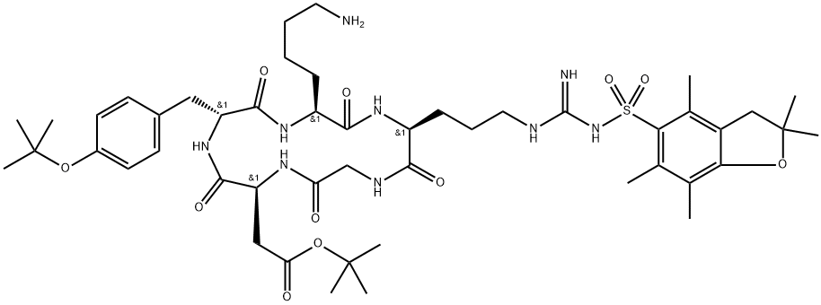 CYCLIC ARG(PBF)-GLY-ASP(OT-BU)-D-TYR(OT-BU)-LYS(NH2) 结构式