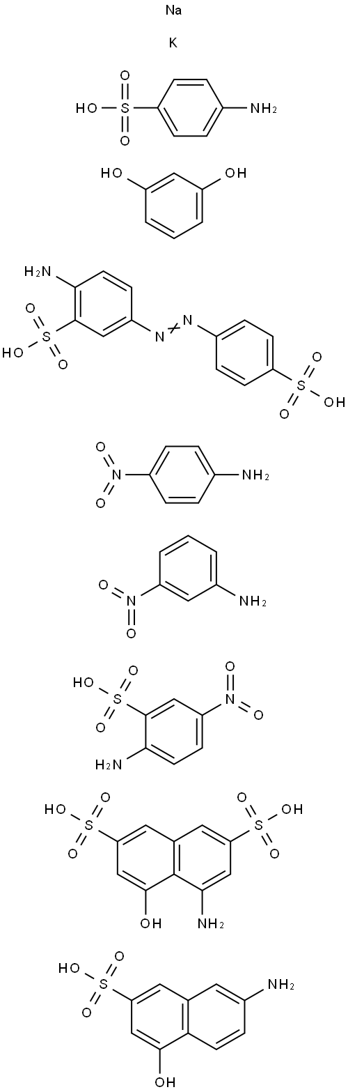 2,7-Naphthalenedisulfonic acid, 4-amino-5-hydroxy-, coupled with 7-amino-4-hydroxy-2-naphthalenesulfonic acid, diazotized 4-aminobenzenesulfonic acid, diazotized 3-nitrobenzenamine and diazotized 4-nitrobenzenamine, reduced, diazotized, cou 结构式