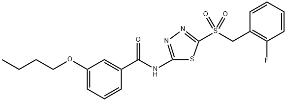 3-butoxy-N-(5-((2-fluorobenzyl)sulfonyl)-1,3,4-thiadiazol-2-yl)benzamide3-Butoxy-N-(5-((2-fluorobenzyl)sulphonyl)-1,3,4-thiadiazole-2-yl)benzamide Structure