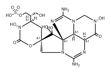 Spiro[6H-1,3-oxazine-6,8'(9'H)-[3H,7H]pyrimido[1,6,5-gh]pyrrolo[1,2-c]purine]-2,3'(3H)-dione, 5',11'-diamino-1',2',3'a,4,5,12'a-hexahydro-2',3,9',9'-tetrahydroxy-4-[(1S)-1-(hydroxymethyl)-2-(sulfooxy)ethyl]-, (3'aS,4R,6R,9'aS,12'aS)- Structure