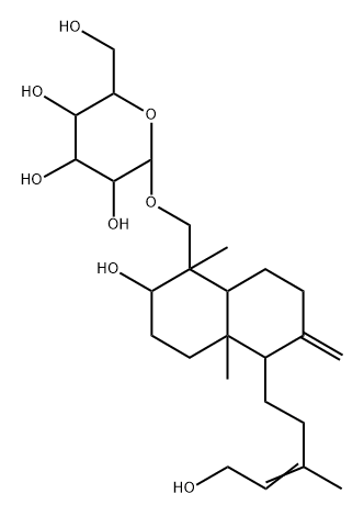 (1S,8aβ)-デカヒドロ-1,4aα-ジメチル-6-メチレン-1β-[(β-D-グルコピラノシルオキシ)メチル]-5α-[(E)-5-ヒドロキシ-3-メチル-3-ペンテニル]ナフタレン-2α-オール 化学構造式