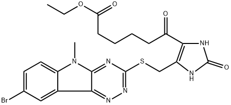 1H-Imidazole-4-hexanoic acid, 5-[[(8-bromo-5-methyl-5H-1,2,4-triazino[5,6-b]indol-3-yl)thio]methyl]-2,3-dihydro-ε,2-dioxo-, ethyl ester Structure