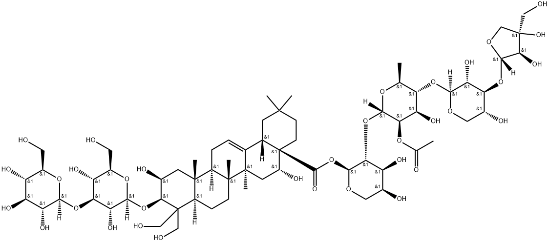 Olean-12-en-28-oic acid, 3-[(3-O-β-D-glucopyranosyl-β-D-glucopyranosyl)oxy]-2,16,23,24-tetrahydroxy-, O-D-apio-β-D-furanosyl-(1→3)-O-β-D-xylopyranosyl-(1→4)-O-2-O-acetyl-6-deoxy-α-L-mannopyranosyl-(1→2)-α-L-arabinopyranosyl ester, (2β,3β,16α)- 化学構造式