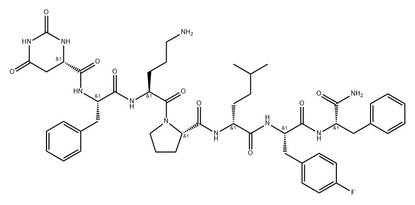 (4S)-六氢-2,6-二氧代-4-嘧啶羰基-L-苯丙氨酰-L-鸟氨酰-L-脯氨酰-5-甲基-D-正亮氨酰-4-氟-L-苯丙氨酰-L-苯丙氨酰胺,912344-10-6,结构式