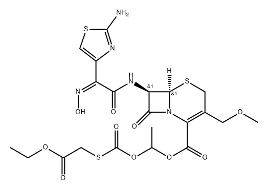 1-((((2-ETHOXY-2-OXOETHYL)THIO)CARBONYL)OXY)ETHYL (6R,7R)-7-((Z)-2-(2-AMINOTHIAZOL-4-YL)-2-(HYDROXYIMINO)ACETAMIDO)-3-(METHOXYMETHYL)-8-OXO-5-THIA-1-AZABICYCLO[, 91507-30-1, 结构式