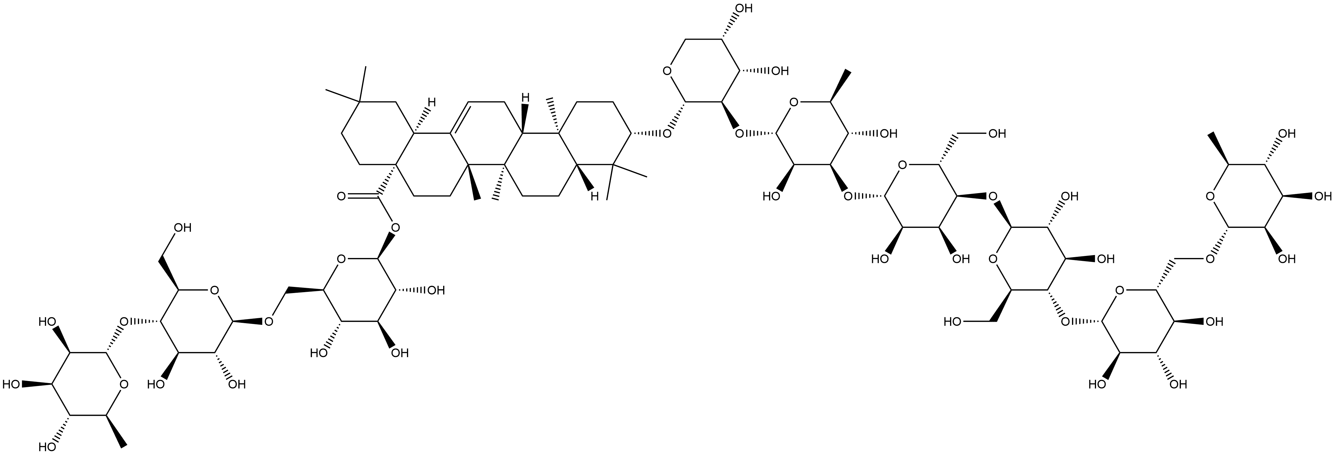 Olean-12-en-28-oic acid, 3-[(O-6-deoxy-α-L-mannopyranosyl-(1→6)-O-β-D-glucopyranosyl-(1→4)-O-β-D-glucopyranosyl-(1→4)-O-β-D-allopyranosyl-(1→3)-O-6-deoxy-α-L-mannopyranosyl-(1→2)-α-L-arabinopyranosyl)oxy]-, O-6-deoxy-α-L-mannopyranosyl-(1→4)-O-β-D-glucopyranosyl-(1→6)-β-D-glucopyranosyl ester, (3β)- Struktur