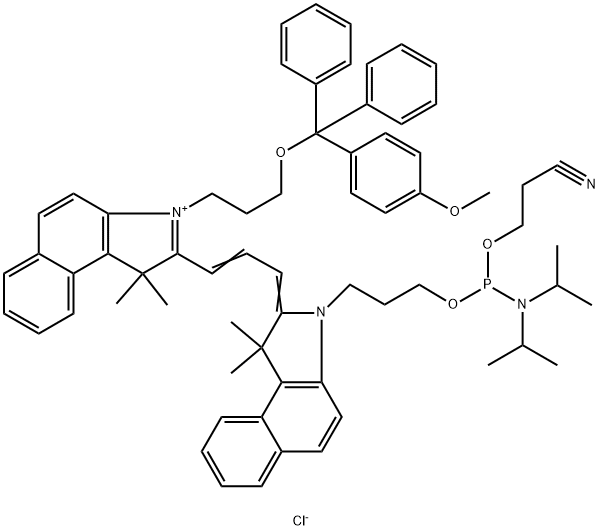 1H-Benz[e]indolium, 2-[3-[3-[3-[[[bis(1-methylethyl)amino](2-cyanoethoxy)phosphino]oxy]propyl]-1,3-dihydro-1,1-dimethyl-2H-benz[e]indol-2-ylidene]-1-propen-1-yl]-3-[3-[(4-methoxyphenyl)diphenylmethoxy]propyl]-1,1-dimethyl-, chloride (1:1) 结构式