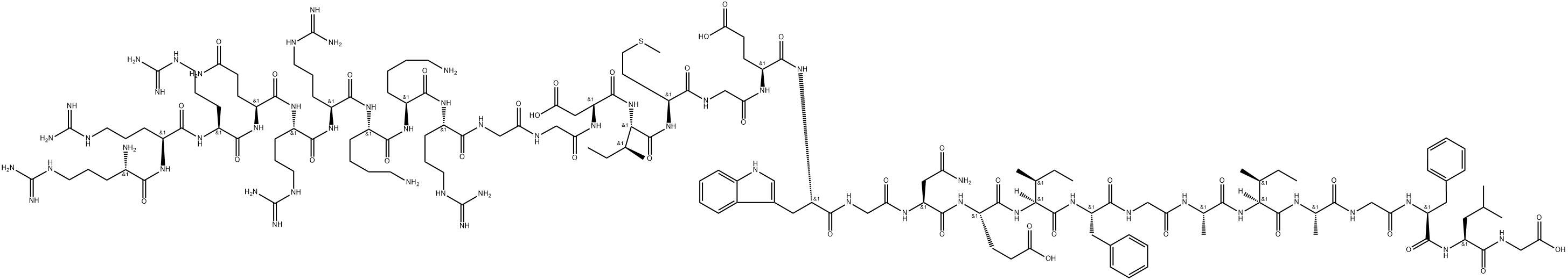 Glycine, L-arginyl-L-arginyl-L-arginyl-L-glutaminyl-L-arginyl-L-arginyl-L-lysyl-L-lysyl-L-arginylglycylglycyl-L-α-aspartyl-L-isoleucyl-L-methionylglycyl-L-α-glutamyl-L-tryptophylglycyl-L-asparaginyl-L-α-glutamyl-L-isoleucyl-L-phenylalanylglycyl-L-alanyl-L-isoleucyl-L-alanylglycyl-L-phenylalanyl-L-leucyl- 化学構造式