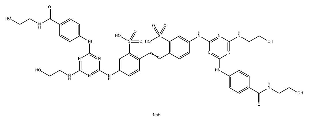 2,2'-(1,2-Ethenediyl)bis[5-[[4-[(2-hydroxyethyl)amino]-6-[[4-[[(2-hydroxyethyl)amino]carbonyl]phenyl]amino]-1,3,5-triazin-2-yl]amino] benzenesulfonic acid disodium salt 化学構造式