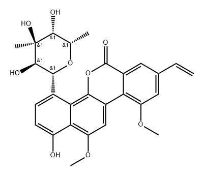 8-Vinyl-10,12-dimethoxy-1-hydroxy-4-(3-C-methyl-6-deoxy-β-L-glucopyranosyl)-6H-benzo[d]naphtho[1,2-b]pyran-6-one|化合物 T29830