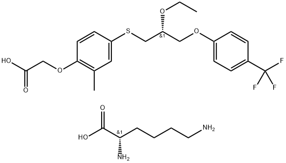 L-Lysine, compd. with 2-[4-[[(2R)-2-ethoxy-3-[4-(trifluoromethyl)phenoxy]propyl]thio]-2-methylphenoxy]acetic acid (1:1) 化学構造式