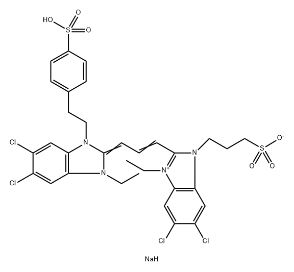 Sodium 3-[5,6-dichloro-2-[3-[5,6-dichloro-1-ethyl-3-(4-sulfonatophenethyl)benzimidazolin-2-ylidene]-1- propenyl]-1-ethyl-3-benzimidazolio] propanesulfonate 化学構造式