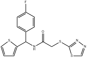 2-((1,3,4-thiadiazole-2-yl)sulfanyl)-N-((4-fluorophenyl)(Thien-2-yl)methyl)acetamide 结构式
