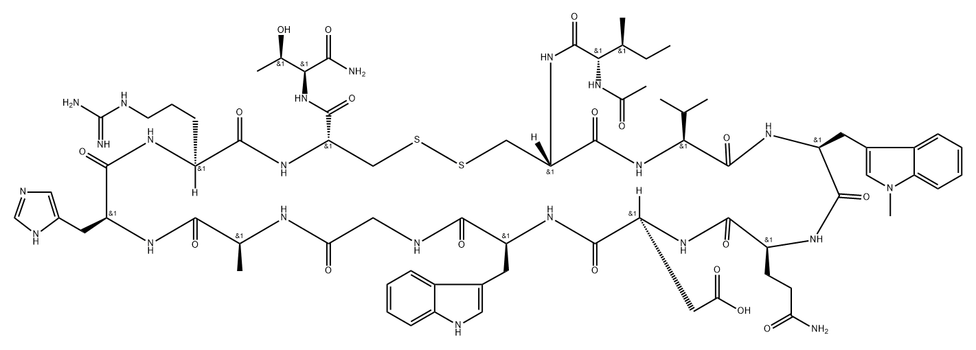 L-Threoninamide, N-acetyl-L-isoleucyl-L-cysteinyl-L-valyl-1-methyl-L-tryptophyl-L-glutaminyl-L-α-aspartyl-L-tryptophylglycyl-L-alanyl-L-histidyl-L-arginyl-L-cysteinyl-, cyclic (2→12)-disulfide Struktur