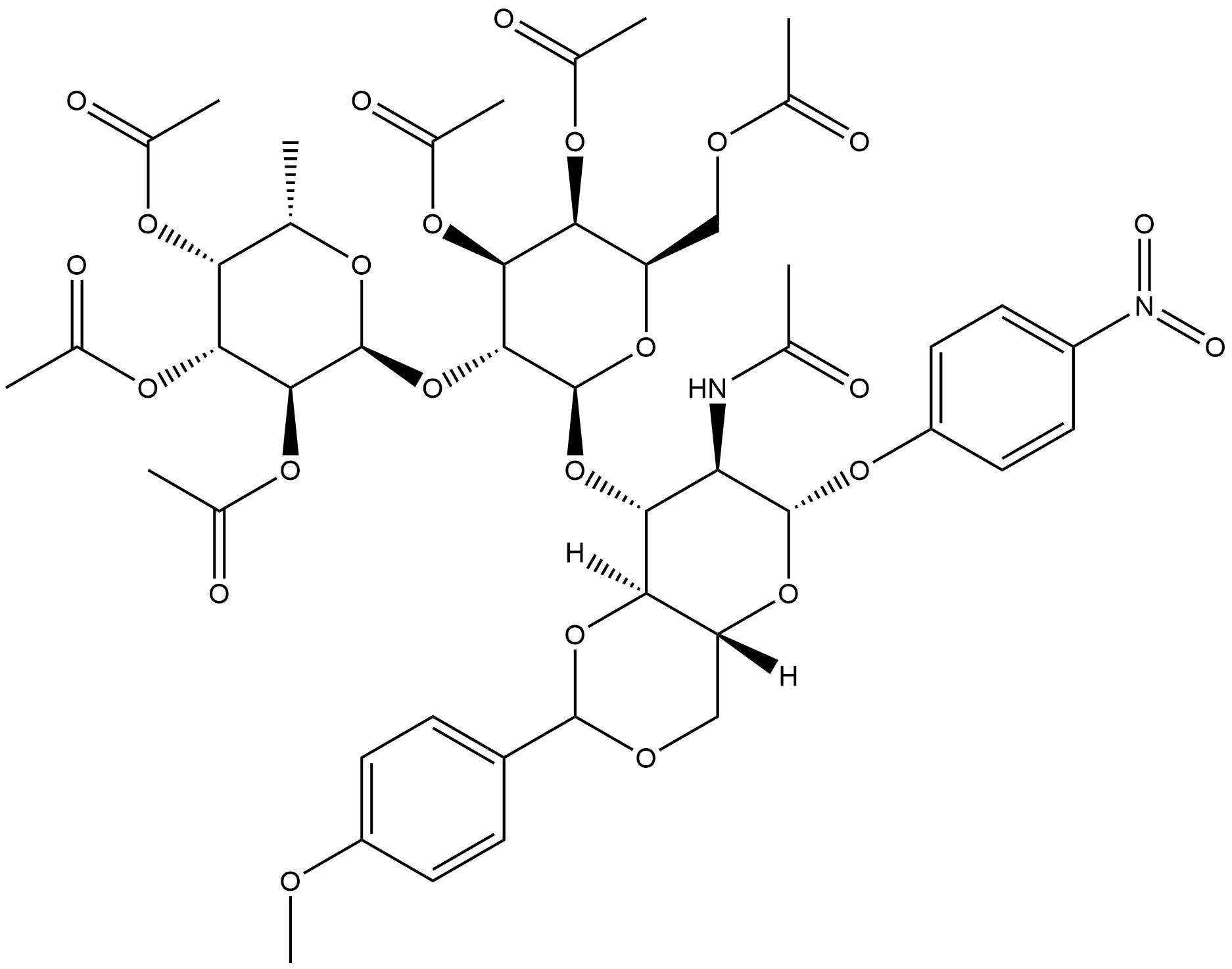 β-D-Glucopyranoside, 4-nitrophenyl O-2,3,4-tri-O-acetyl-6-deoxy-α-L-galactopyranosyl-(1→2)-O-3,4,6-tri-O-acetyl-β-D-galactopyranosyl-(1→3)-2-(acetylamino)-2-deoxy-4,6-O-[(4-methoxyphenyl)methylene]- 化学構造式