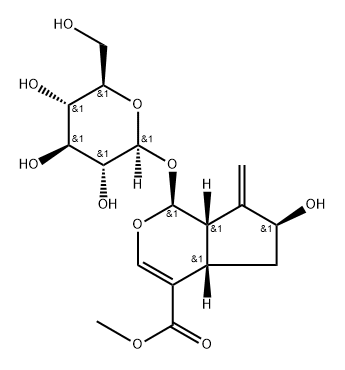 Cyclopenta[c]pyran-4-carboxylic acid, 1-(β-D-glucopyranosyloxy)-1,4a,5,6,7,7a-hexahydro-6-hydroxy-7-methylene-, methyl ester, (1S,4aS,6S,7aS)- Struktur