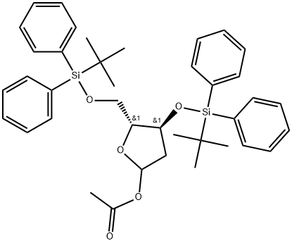 1-O-acetyl-3,5-bis-O-(t-butyldiphenylsilyl)-2-deoxy-D-ribofuranose Struktur