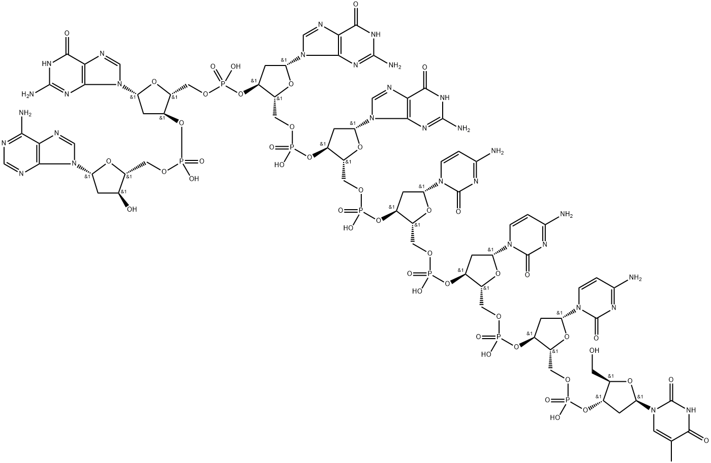 thymidylyl-(3'->5')-2'-deoxycytidylyl-(3'->5')-2'-deoxycytidylyl-(3'->5')-2'-deoxycytidylyl-(3'->5')-2'-deoxyguanylyl-(3'->5')-2'-deoxyguanylyl-(3'->5')-2'-deoxyguanylyl-(3'->5')-2'-deoxyadenosine Structure