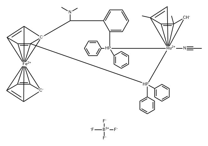 ((S)-1-Diphenyl phosphino-2-[(R)-a-(N,N-dimethyl amino)-o-diphenyl phosphinophenyl)methyl]ferrocene)-(eta5-2,4-dimethyl pentadienyl)(N-acetonitrile)ruthenium(II)tetrafluoroborate 化学構造式